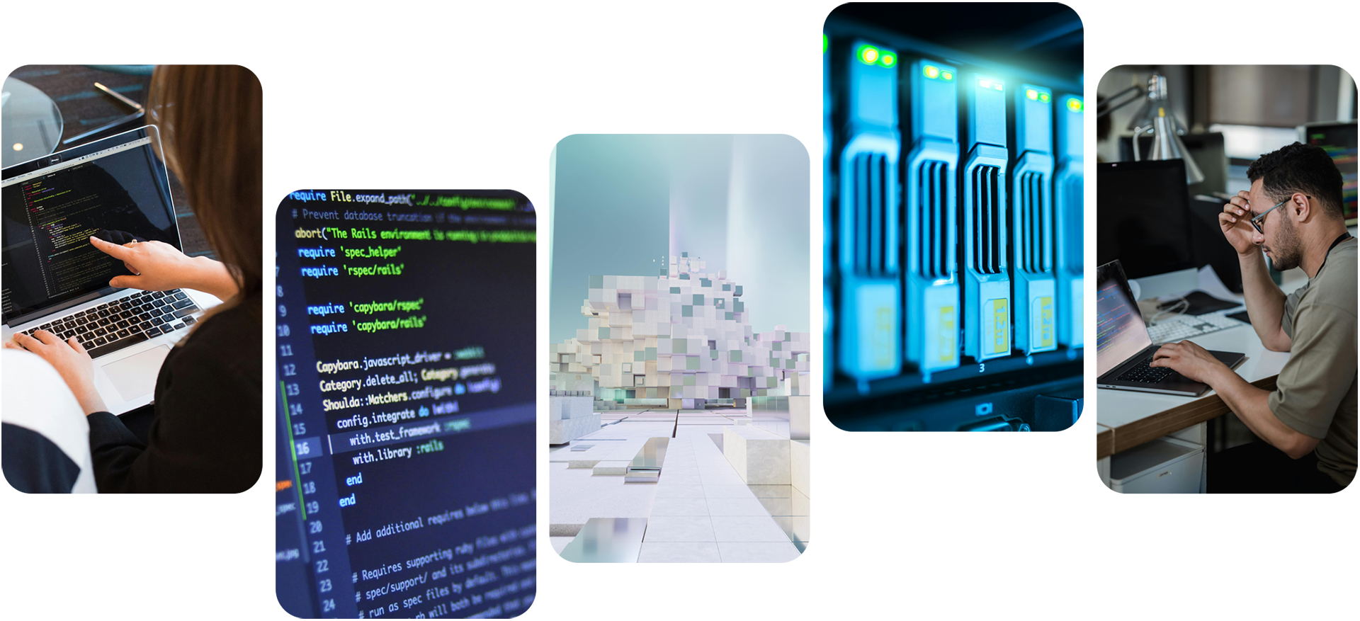 Photo collage of Sarudev's services: Software Development, Consultancy, IT Services, Cloud Services, QA, Product Design.